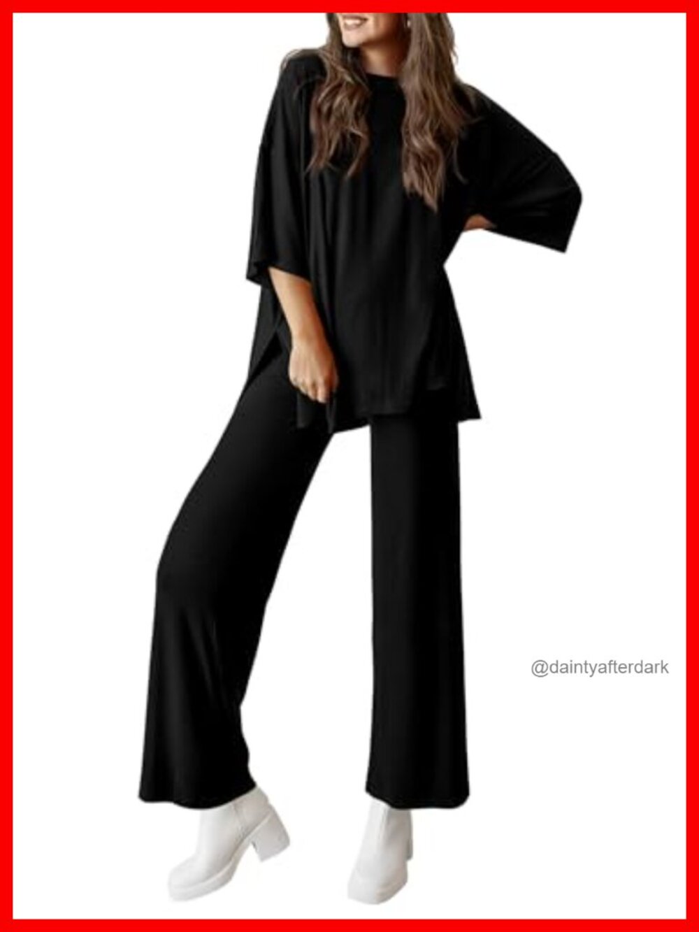 Two Piece Lounge Set Short Sleeve Top Wide Leg Pants Soft Knit